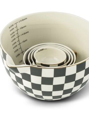 Thyme & Table 5-Piece Ceramic Mixing Bowl and Measuring Set - Black Checkered